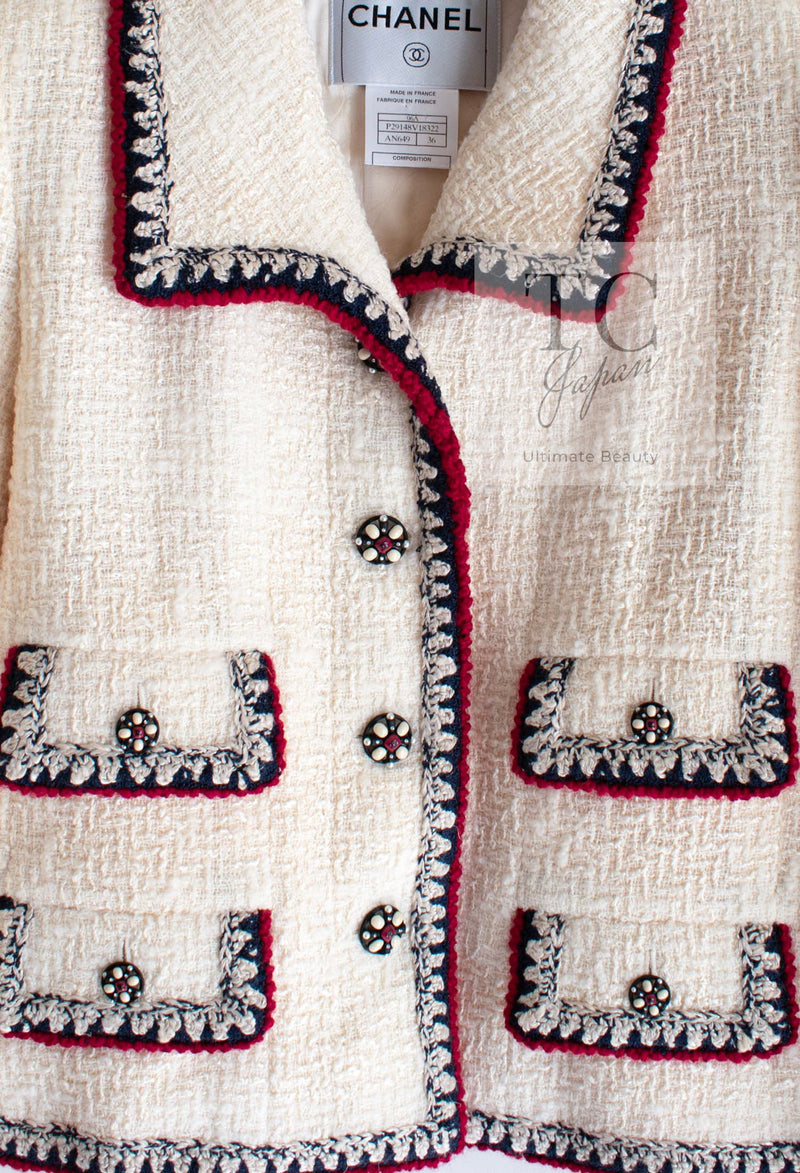 CHANEL 06PF Limited Cream Ivory Trim Wool Silk Tweed Jacket Skirt Suit 36 38 シャネル クリーム ブラック レッド ウール シルク ツイード ジャケット スカート スーツ 即発