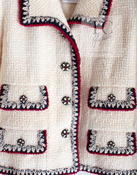 CHANEL 06PF Limited Cream Ivory Trim Wool Silk Tweed Jacket 42 44 シャネル クリーム ブラック レッド ウール シルク ツイード ジャケット 即発