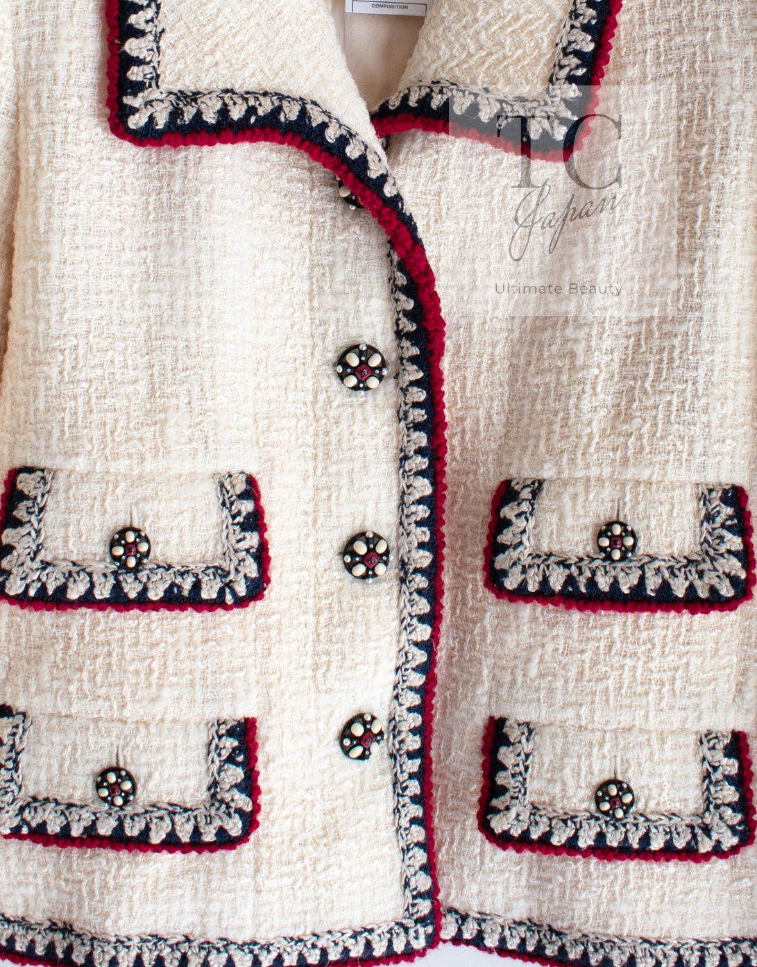 CHANEL 06PF Limited Cream Ivory Trim Wool Silk Tweed Jacket 42 44 シャネル クリーム ブラック レッド ウール シルク ツイード ジャケット 即発