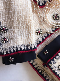 CHANEL 06PF Limited Cream Ivory Trim Wool Silk Tweed Jacket Skirt Suit 36 38 シャネル クリーム ブラック レッド ウール シルク ツイード ジャケット スカート スーツ 即発