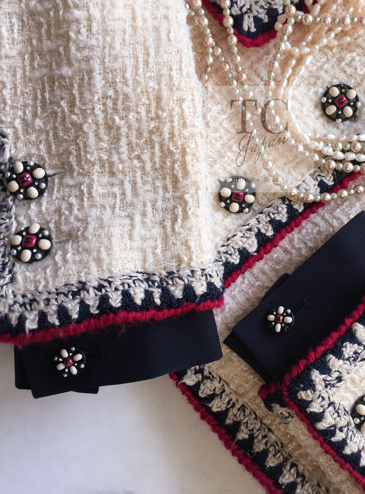 CHANEL 06PF Limited Cream Ivory Trim Wool Silk Tweed Jacket 42 44 シャネル クリーム ブラック レッド ウール シルク ツイード ジャケット 即発