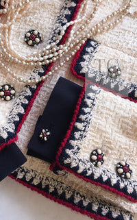 CHANEL 06PF Limited Cream Ivory Trim Wool Silk Tweed Jacket 42 44 シャネル クリーム ブラック レッド ウール シルク ツイード ジャケット 即発