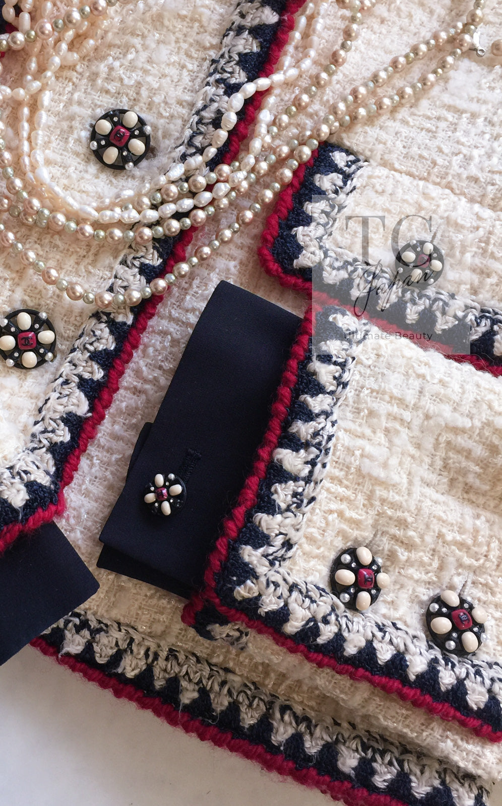 CHANEL 06PF Limited Cream Ivory Trim Wool Silk Tweed Jacket 42 44 シャネル クリーム ブラック レッド ウール シルク ツイード ジャケット 即発