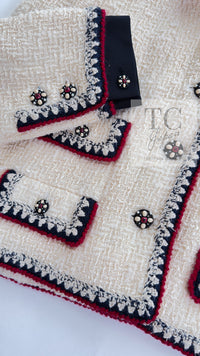 CHANEL 06PF Limited Cream Ivory Trim Wool Silk Tweed Jacket 42 44 シャネル クリーム ブラック レッド ウール シルク ツイード ジャケット 即発