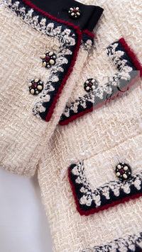 CHANEL 06PF Limited Cream Ivory Trim Wool Silk Tweed Jacket 42 44 シャネル クリーム ブラック レッド ウール シルク ツイード ジャケット 即発