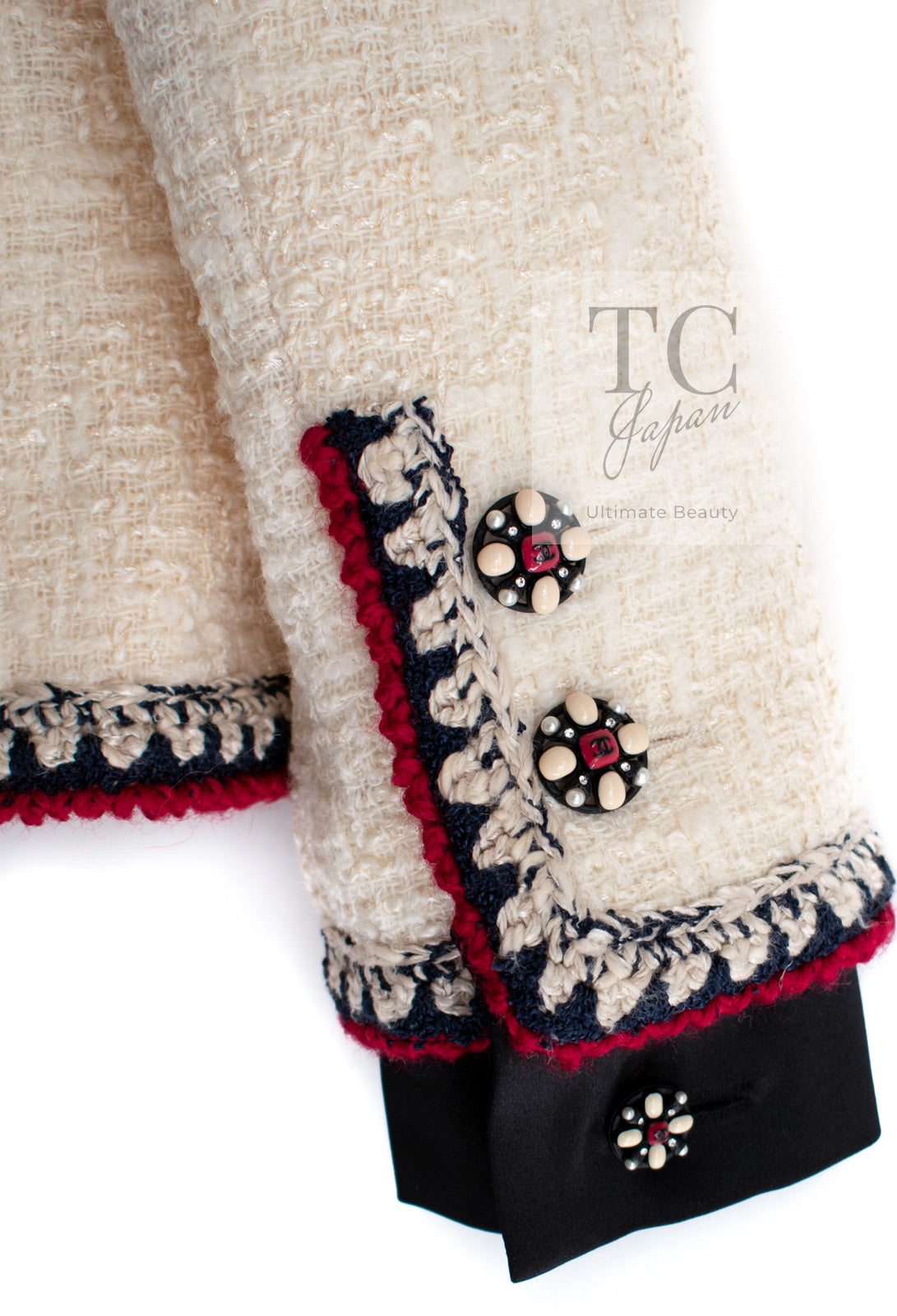 CHANEL 06PF Limited Cream Ivory Trim Wool Silk Tweed Jacket Skirt Suit 36 38 シャネル クリーム ブラック レッド ウール シルク ツイード ジャケット スカート スーツ 即発