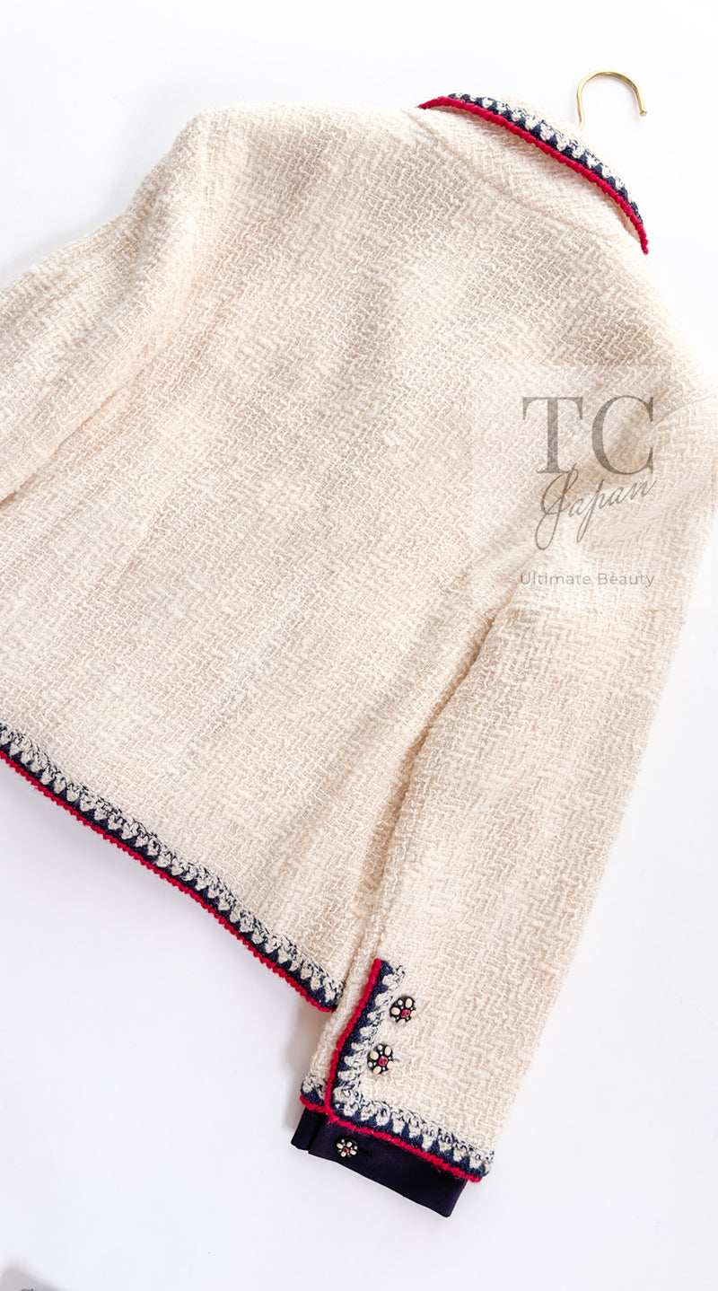 CHANEL 06PF Limited Cream Ivory Trim Wool Silk Tweed Jacket Skirt Suit 36 38 シャネル クリーム ブラック レッド ウール シルク ツイード ジャケット スカート スーツ 即発
