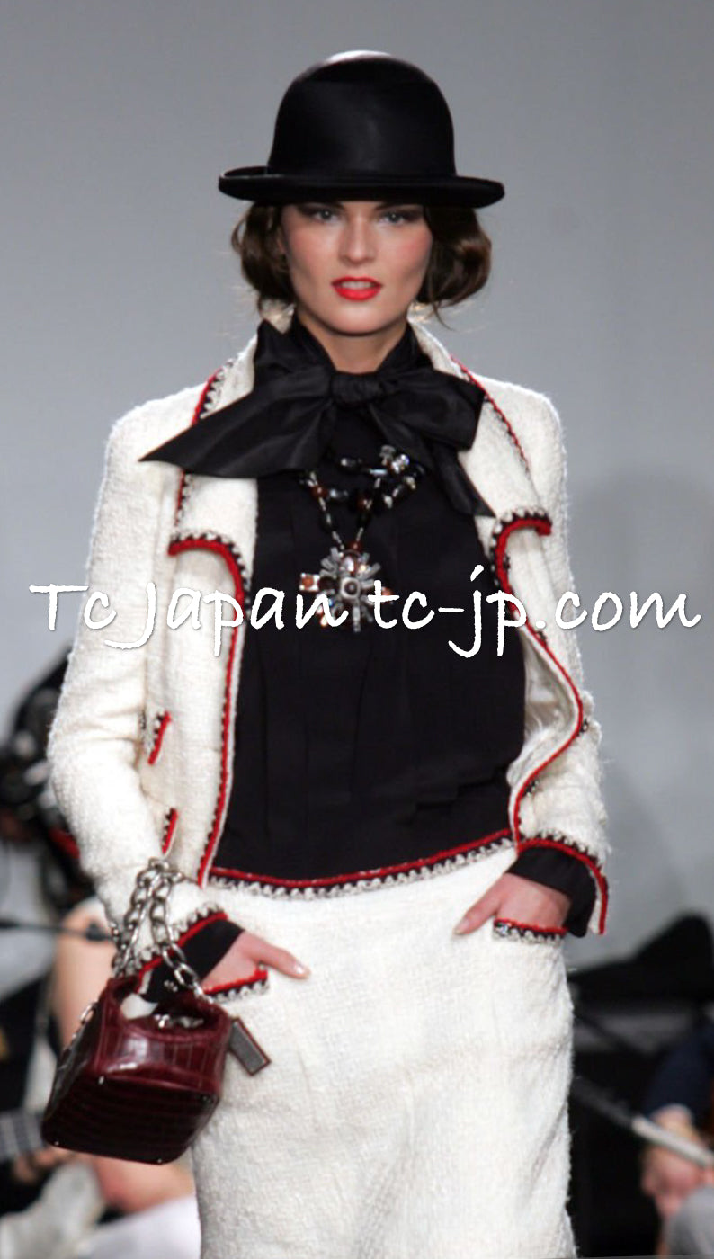 CHANEL 06PF Limited Cream Ivory Trim Wool Silk Tweed Jacket 42 44 シャネル クリーム ブラック レッド ウール シルク ツイード ジャケット 即発
