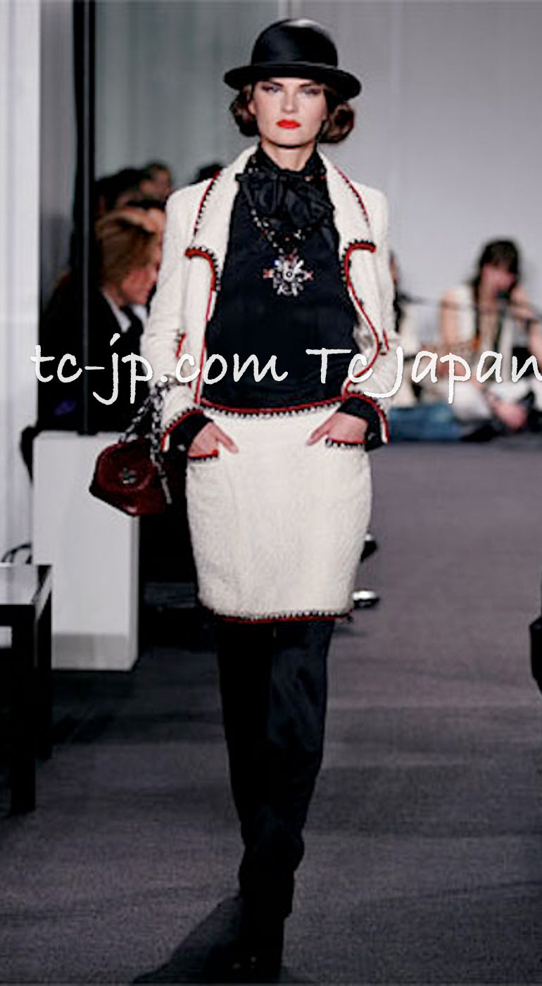 CHANEL 06PF Limited Cream Ivory Trim Wool Silk Tweed Jacket Skirt Suit 36 38 シャネル クリーム ブラック レッド ウール シルク ツイード ジャケット スカート スーツ 即発