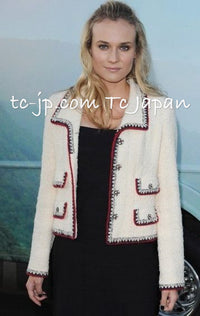 CHANEL 06PF Limited Cream Ivory Trim Wool Silk Tweed Jacket Skirt Suit 36 38 シャネル クリーム ブラック レッド ウール シルク ツイード ジャケット スカート スーツ 即発