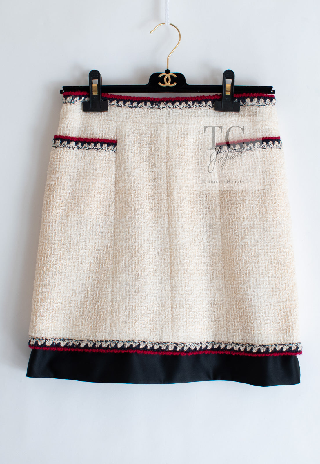 CHANEL 06PF Limited Cream Ivory Trim Wool Silk Tweed Jacket Skirt Suit 36 38 シャネル クリーム ブラック レッド ウール シルク ツイード ジャケット スカート スーツ 即発