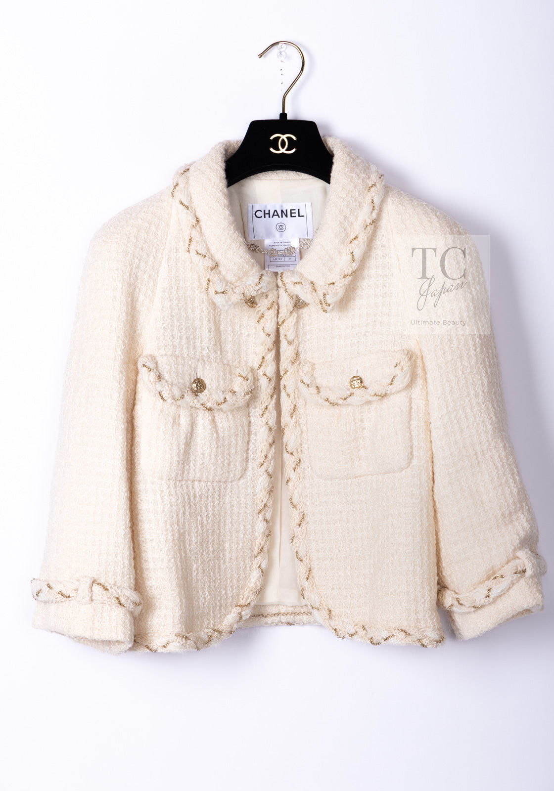 CHANEL 07A Creme Ivory Gold Chain Trim Wool Tweed Jacket Skirt Suit 38 シャネル クリーム アイボリー ゴールド チェーン トリム ウール ツイード ジャケット スカート スーツ 即発