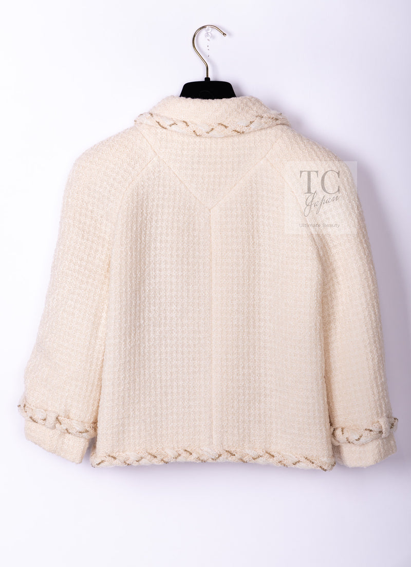 CHANEL 07A Creme Ivory Gold Chain Trim Wool Tweed Jacket Skirt Suit 38 シャネル クリーム アイボリー ゴールド チェーン トリム ウール ツイード ジャケット スカート スーツ 即発