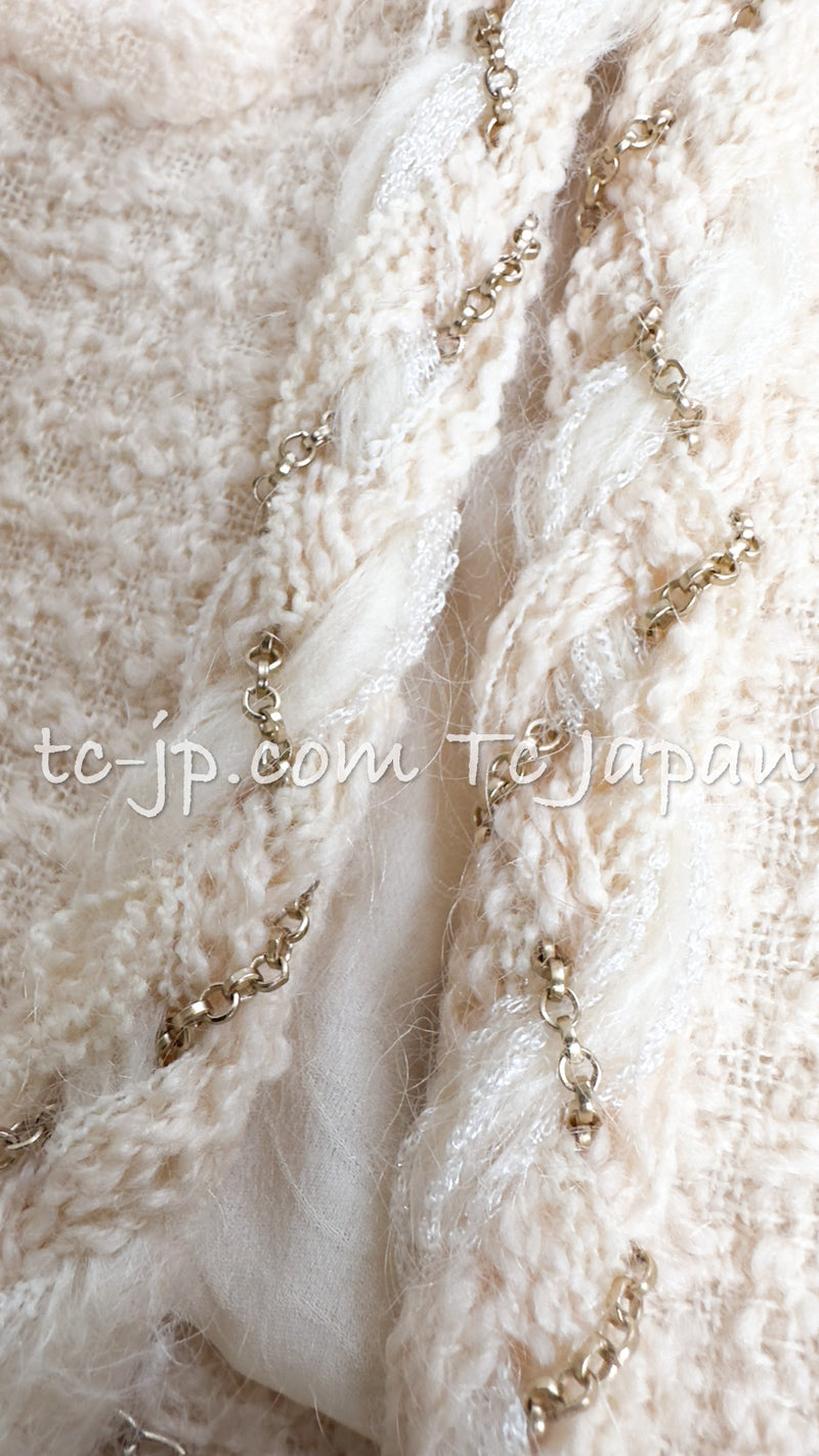 CHANEL 07A Creme Ivory Gold Chain Trim Wool Tweed Jacket Skirt Suit 38 シャネル クリーム アイボリー ゴールド チェーン トリム ウール ツイード ジャケット スカート スーツ 即発
