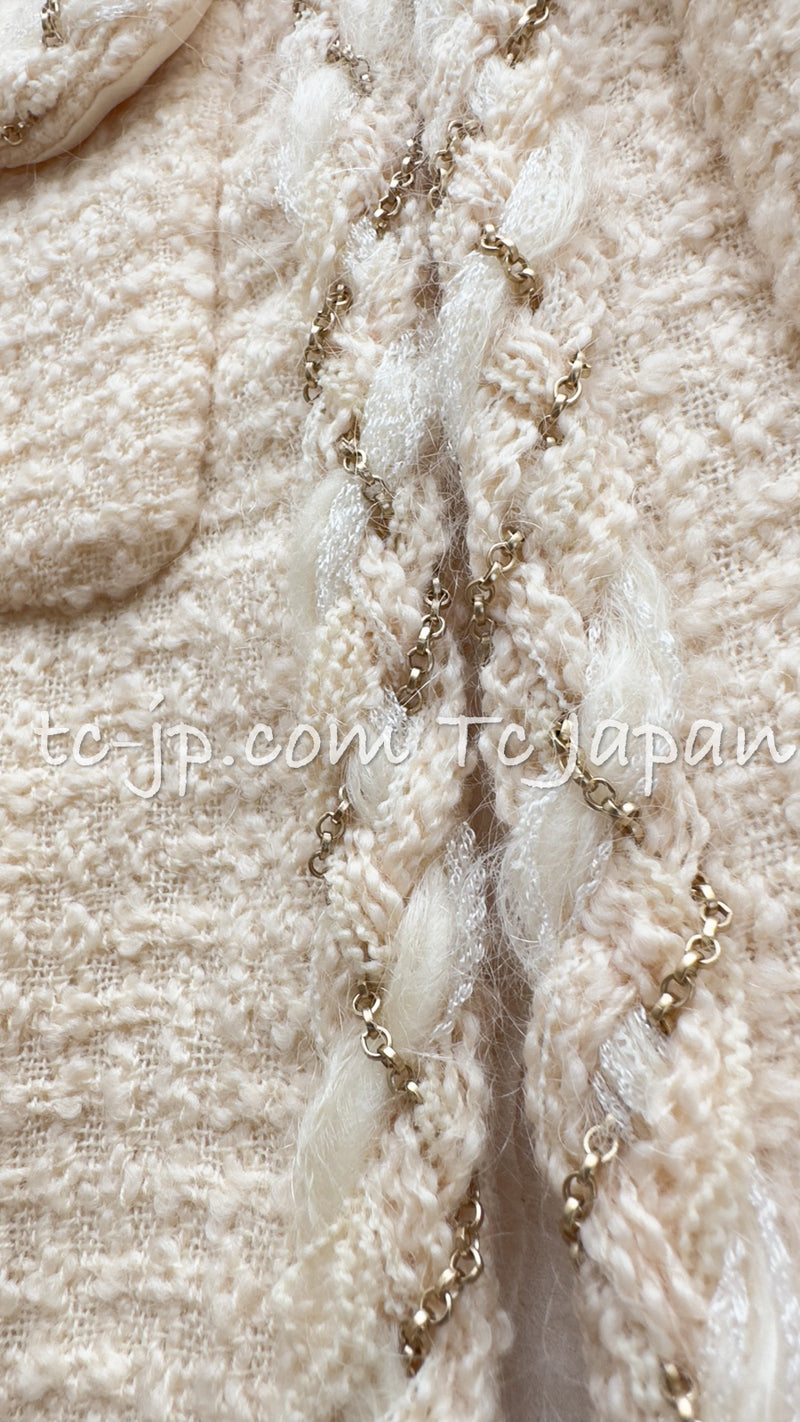 CHANEL 07A Creme Ivory Gold Chain Trim Wool Tweed Jacket Skirt Suit 38 シャネル クリーム アイボリー ゴールド チェーン トリム ウール ツイード ジャケット スカート スーツ 即発