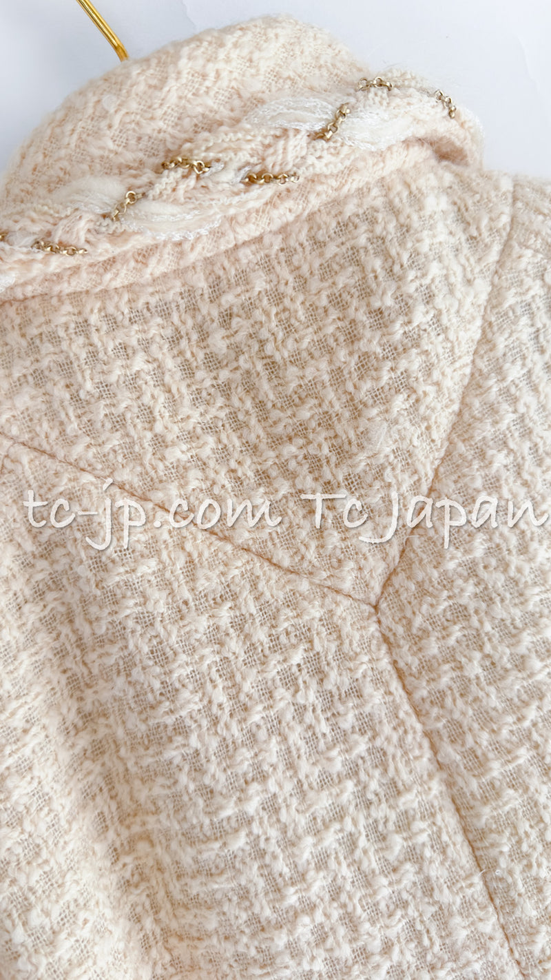 CHANEL 07A Creme Ivory Gold Chain Trim Wool Tweed Jacket Skirt Suit 38 シャネル クリーム アイボリー ゴールド チェーン トリム ウール ツイード ジャケット スカート スーツ 即発