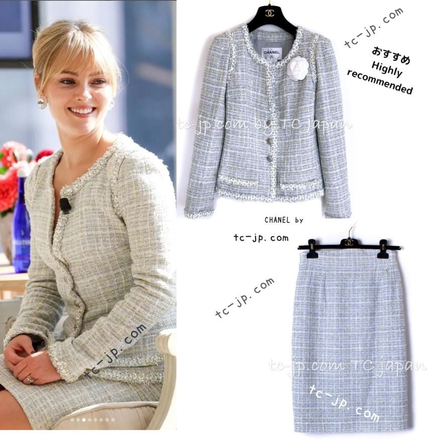CHANEL 09S Light Gray Mint Cotton Wool Tweed Jacket Skirt Suit 36 シャネル ライト グレー ミント コットン ウール ツイード ジャケット スカート スーツ 即発