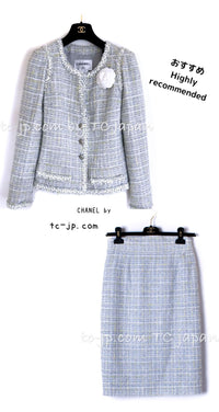 CHANEL 09S Light Gray Mint Cotton Wool Tweed Jacket Skirt Suit 34 シャネル ライト グレー ミント コットン ウール ツイード ジャケット スカート スーツ 即発