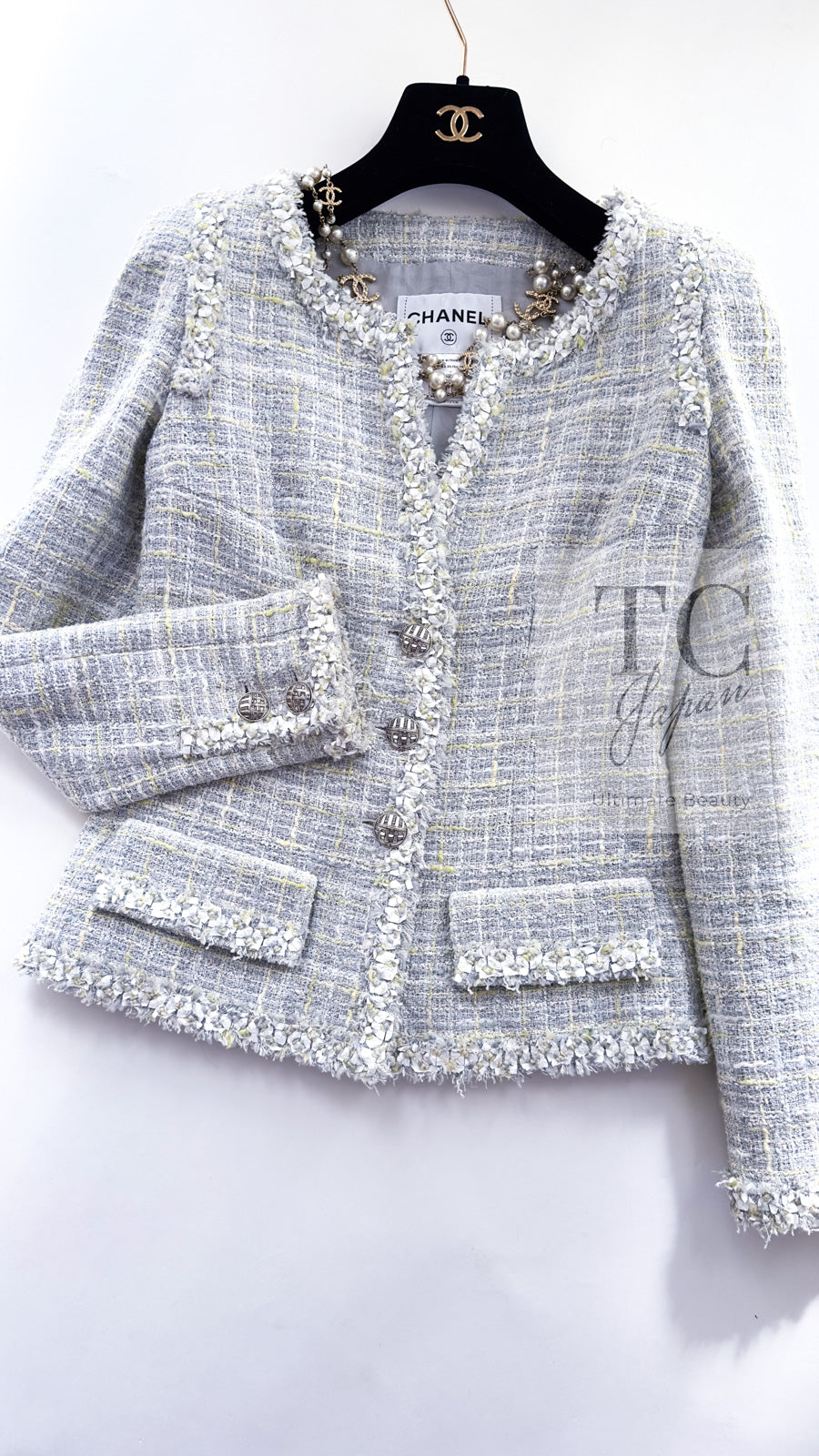 CHANEL 09S Light Gray Mint Cotton Wool Tweed Jacket 36 シャネル ライト グレー ミント コットン ウール ツイード ジャケット 即発