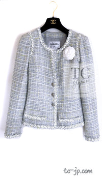 CHANEL 09S Light Gray Mint Cotton Wool Tweed Jacket Skirt Suit 34 シャネル ライト グレー ミント コットン ウール ツイード ジャケット スカート スーツ 即発