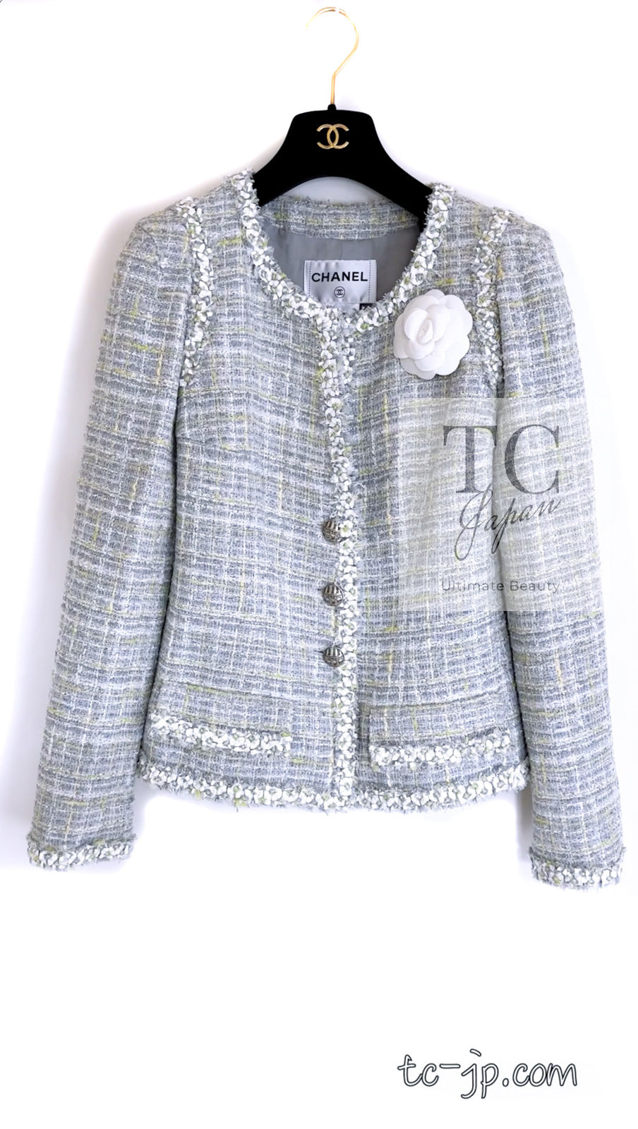CHANEL 09S Light Gray Mint Cotton Wool Tweed Jacket Skirt Suit 34 シャネル ライト グレー ミント コットン ウール ツイード ジャケット スカート スーツ 即発