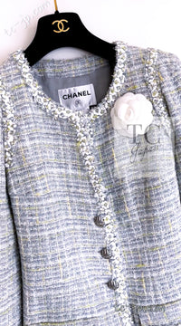 CHANEL 09S Light Gray Mint Cotton Wool Tweed Jacket Skirt Suit 34 シャネル ライト グレー ミント コットン ウール ツイード ジャケット スカート スーツ 即発