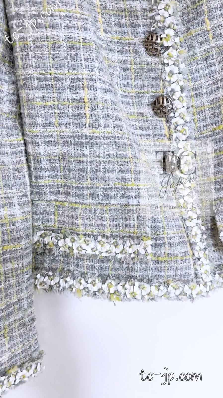 CHANEL 09S Light Gray Mint Cotton Wool Tweed Jacket Skirt Suit 34 シャネル ライト グレー ミント コットン ウール ツイード ジャケット スカート スーツ 即発