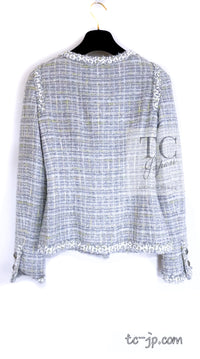 CHANEL 09S Light Gray Mint Cotton Wool Tweed Jacket Skirt Suit 34 シャネル ライト グレー ミント コットン ウール ツイード ジャケット スカート スーツ 即発