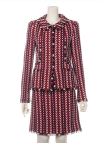 CHANEL 04A Red Tricolore CC Logo Trim Jacket Skirt Suit 34 ② シャネル レッド トリコロール ジャケット スカート スーツ カメリアブローチ付 即発