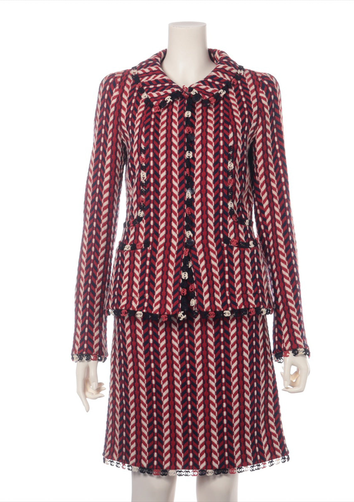 CHANEL 04A Red Tricolore CC Logo Trim Jacket Skirt Suit 34 ② シャネル レッド トリコロール ジャケット スカート スーツ カメリアブローチ付 即発