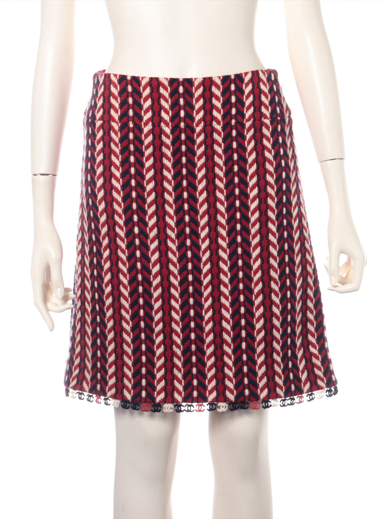 CHANEL 04A Red Tricolore CC Logo Trim Jacket Skirt Suit 34 ② シャネル レッド トリコロール ジャケット スカート スーツ カメリアブローチ付 即発