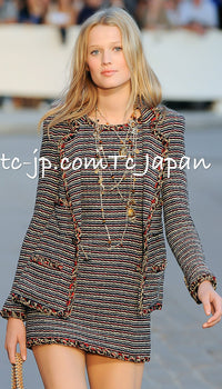 CHANEL 11C Black Border Multi Color Tunic Dress Tops 38 シャネル ブラック マルチカラー ストライプ ボーダー ツイード チュニック ワンピース トップス 即発