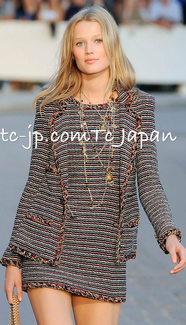 CHANEL 11C Black Border Multi Color Tunic Dress Tops 38 シャネル ブラック マルチカラー ストライプ ボーダー ツイード チュニック ワンピース トップス 即発