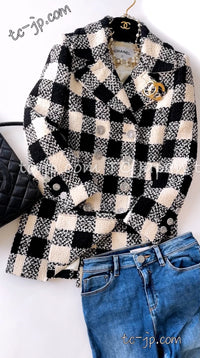CHANEL 16PF Ivory Black Wool Silk Double Tweed Coat 38 40 シャネル アイボリー ブラック ウール シルク チェック ツイード コート メンズも！即発