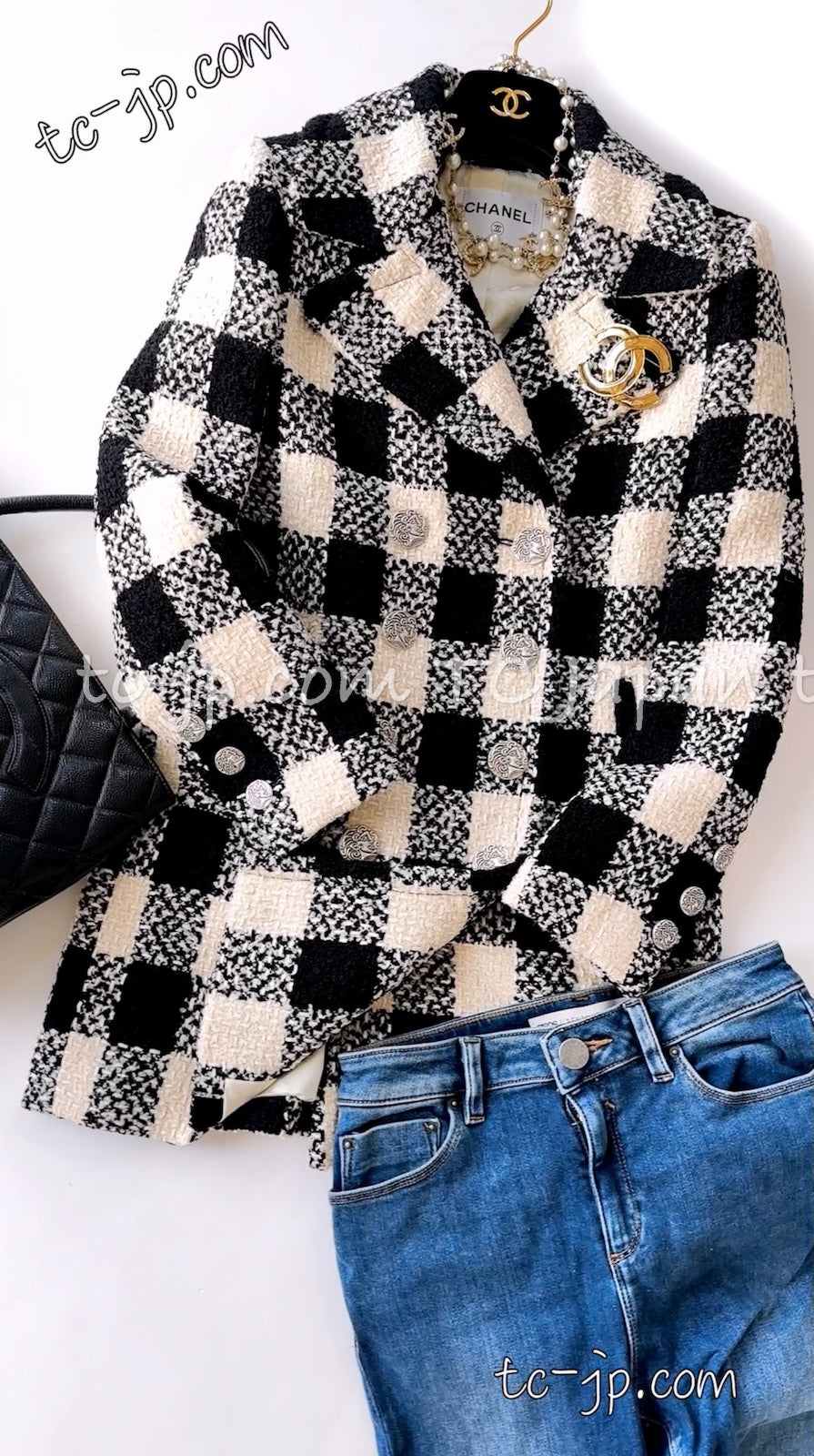 CHANEL 16PF Ivory Black Wool Silk Double Tweed Coat 38 40 シャネル アイボリー ブラック ウール シルク チェック ツイード コート メンズも！即発