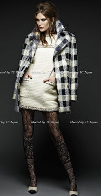 CHANEL 16PF Ivory Black Wool Silk Double Tweed Coat 38 40 シャネル アイボリー ブラック ウール シルク チェック ツイード コート メンズも！即発
