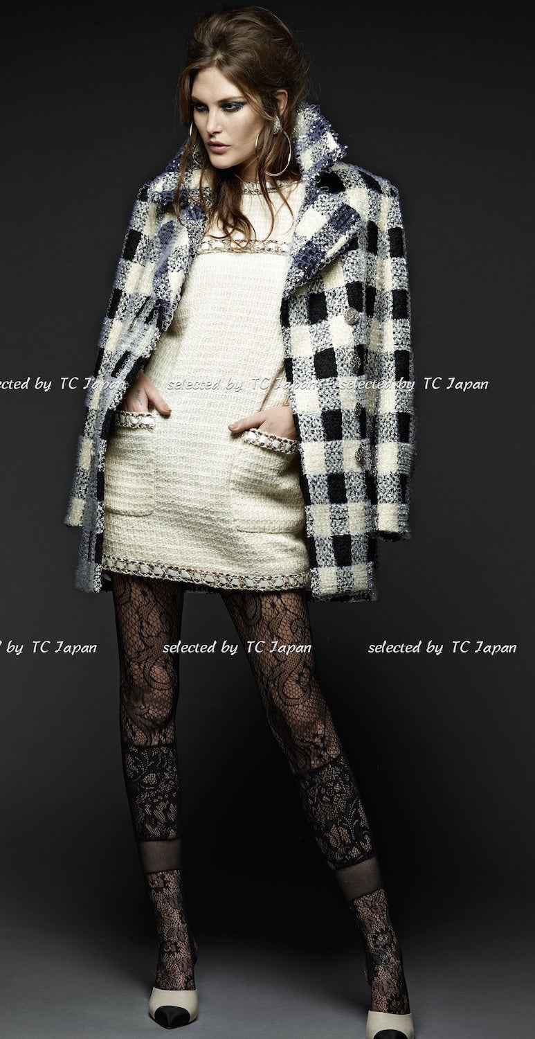 CHANEL 16PF Ivory Black Wool Silk Double Tweed Coat 38 40 シャネル アイボリー ブラック ウール シルク チェック ツイード コート メンズも！即発