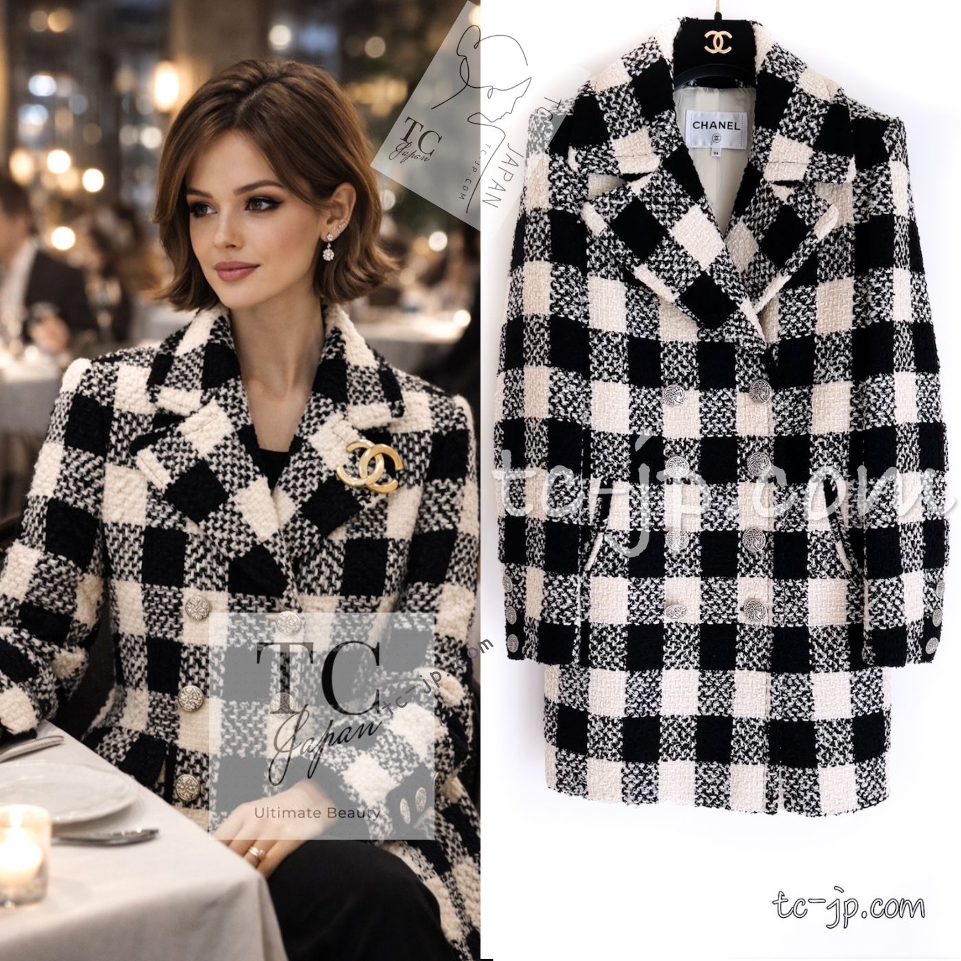 CHANEL 16PF Ivory Black Wool Silk Double Tweed Coat 38 40 シャネル アイボリー ブラック ウール シルク チェック ツイード コート メンズも！即発
