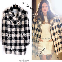 CHANEL 16PF Ivory Black Wool Silk Double Tweed Coat 38 40 シャネル アイボリー ブラック ウール シルク チェック ツイード コート メンズも！即発
