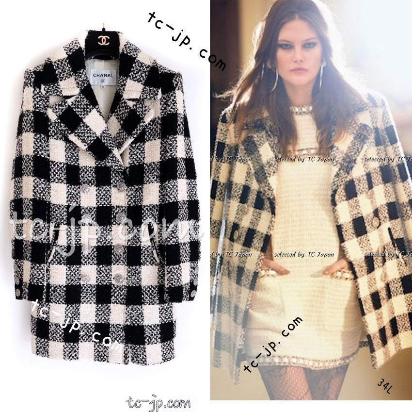 CHANEL 16PF Ivory Black Wool Silk Double Tweed Coat 38 40 シャネル アイボリー ブラック ウール シルク チェック ツイード コート メンズも！即発