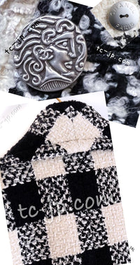 CHANEL 16PF Ivory Black Wool Silk Double Tweed Coat 38 40 シャネル アイボリー ブラック ウール シルク チェック ツイード コート メンズも！即発