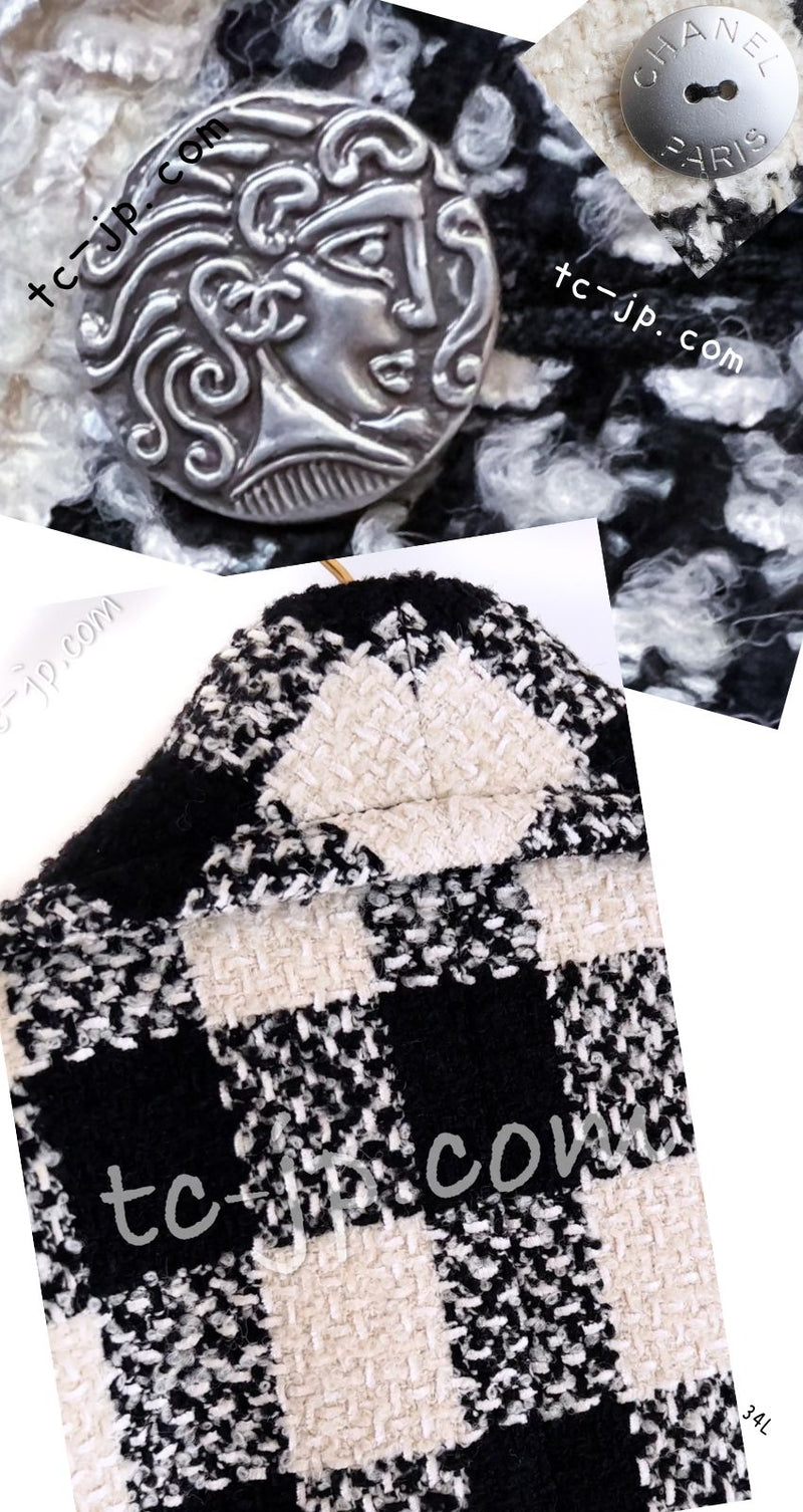 CHANEL 16PF Ivory Black Wool Silk Double Tweed Coat 38 40 シャネル アイボリー ブラック ウール シルク チェック ツイード コート メンズも！即発