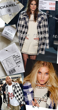 CHANEL 16PF Ivory Black Wool Silk Double Tweed Coat 38 40 シャネル アイボリー ブラック ウール シルク チェック ツイード コート メンズも！即発