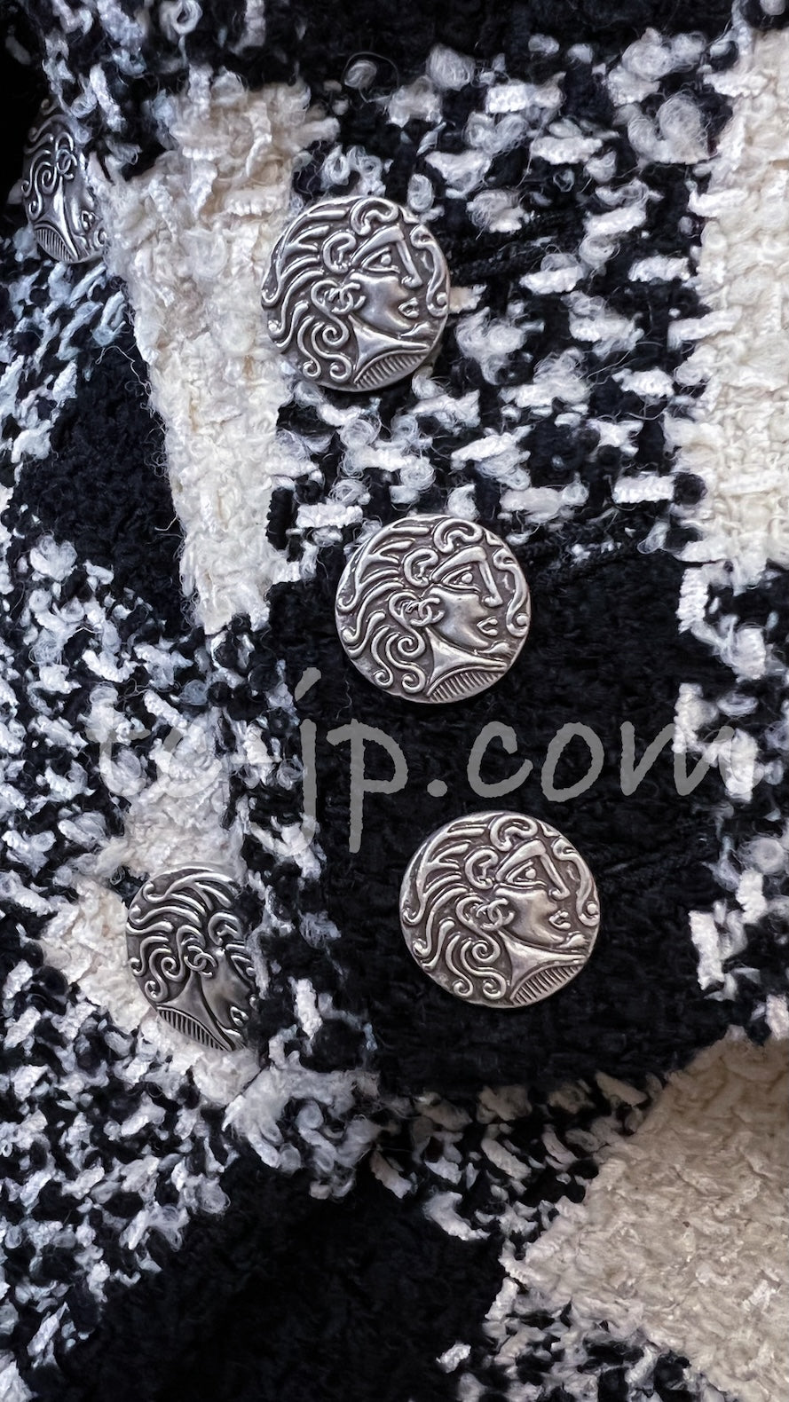 CHANEL 16PF Ivory Black Wool Silk Double Tweed Coat 38 40 シャネル アイボリー ブラック ウール シルク チェック ツイード コート メンズも！即発