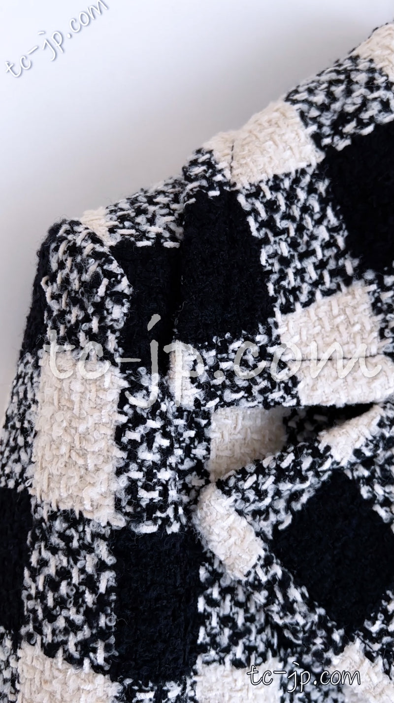CHANEL 16PF Ivory Black Wool Silk Double Tweed Coat 38 40 シャネル アイボリー ブラック ウール シルク チェック ツイード コート メンズも！即発