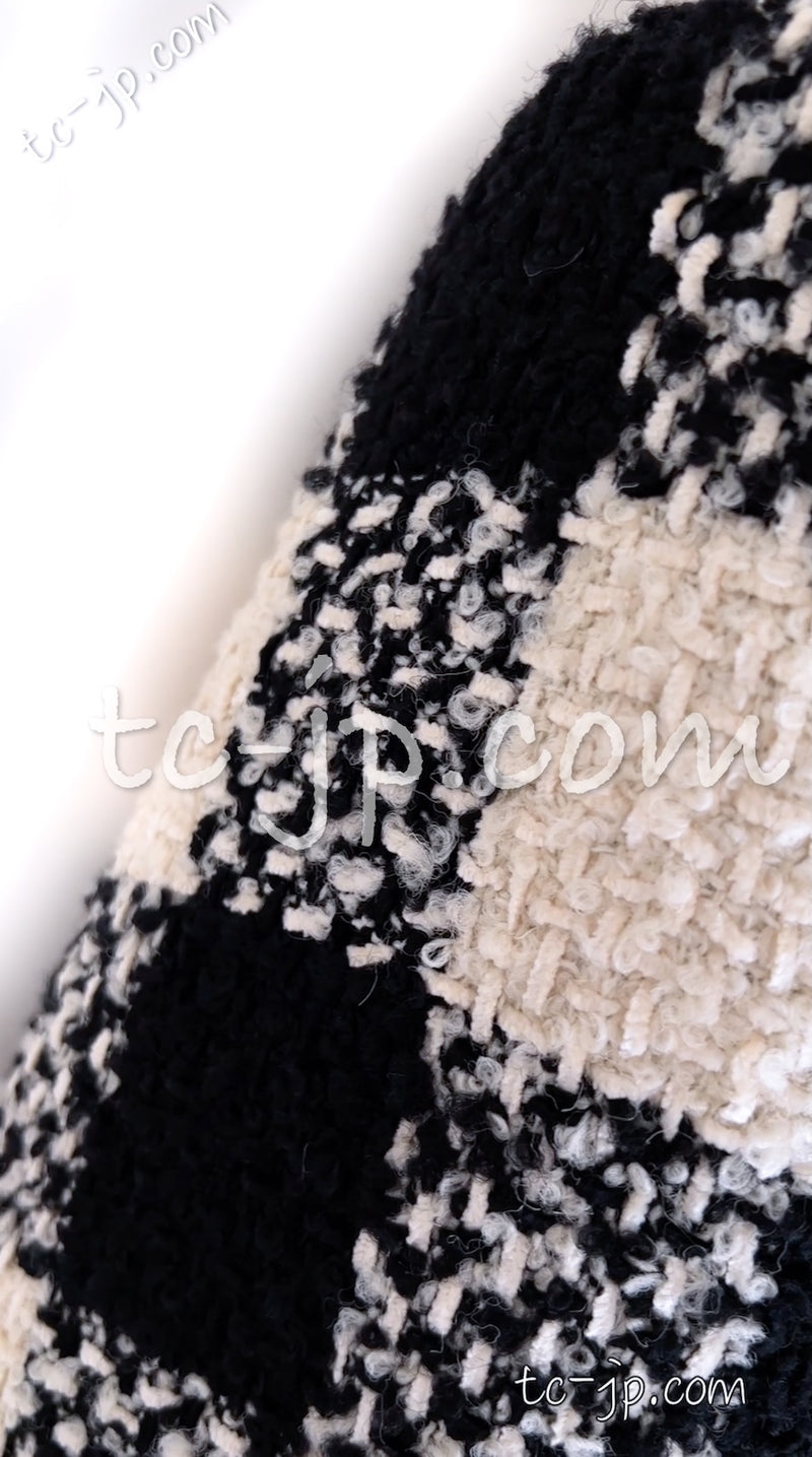 CHANEL 16PF Ivory Black Wool Silk Double Tweed Coat 38 40 シャネル アイボリー ブラック ウール シルク チェック ツイード コート メンズも！即発