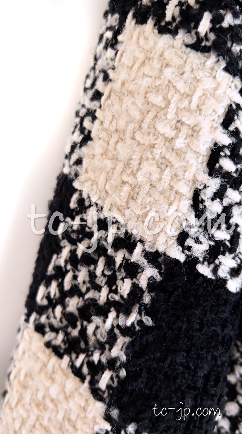 CHANEL 16PF Ivory Black Wool Silk Double Tweed Coat 38 40 シャネル アイボリー ブラック ウール シルク チェック ツイード コート メンズも！即発