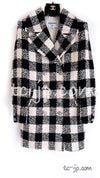 CHANEL 16PF Ivory Black Wool Silk Double Tweed Coat 38 40 シャネル アイボリー ブラック ウール シルク チェック ツイード コート メンズも！即発