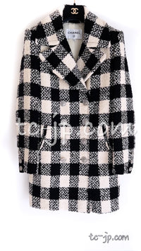 CHANEL 16PF Ivory Black Wool Silk Double Tweed Coat 38 40 シャネル アイボリー ブラック ウール シルク チェック ツイード コート メンズも！即発