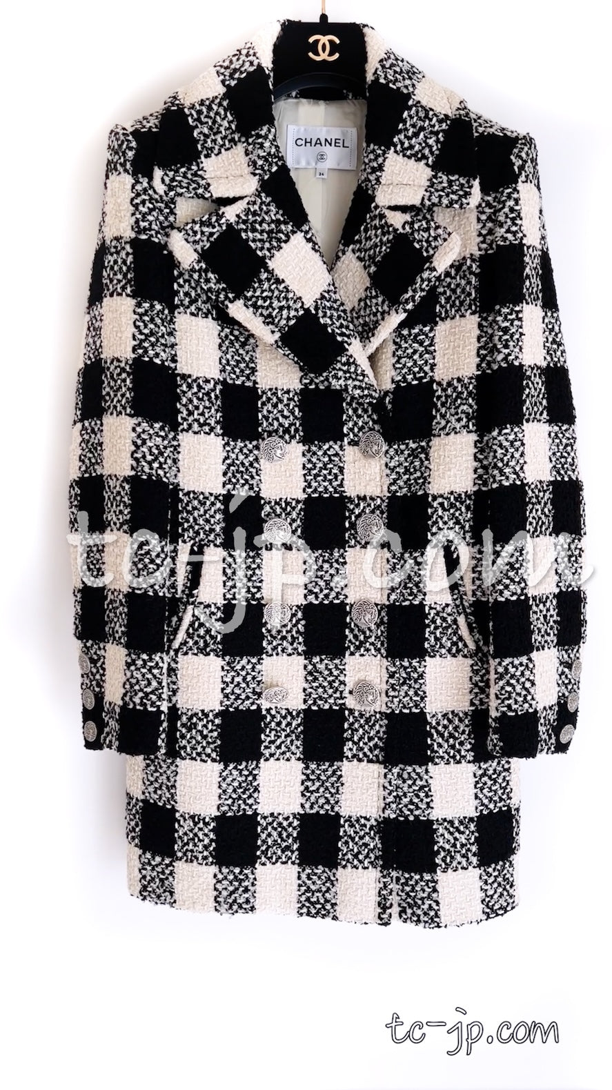 CHANEL 16PF Ivory Black Wool Silk Double Tweed Coat 38 40 シャネル アイボリー ブラック ウール シルク チェック ツイード コート メンズも！即発